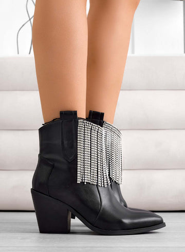 RIKI - Alexoo black camperos ankle boots with jeweled fringes