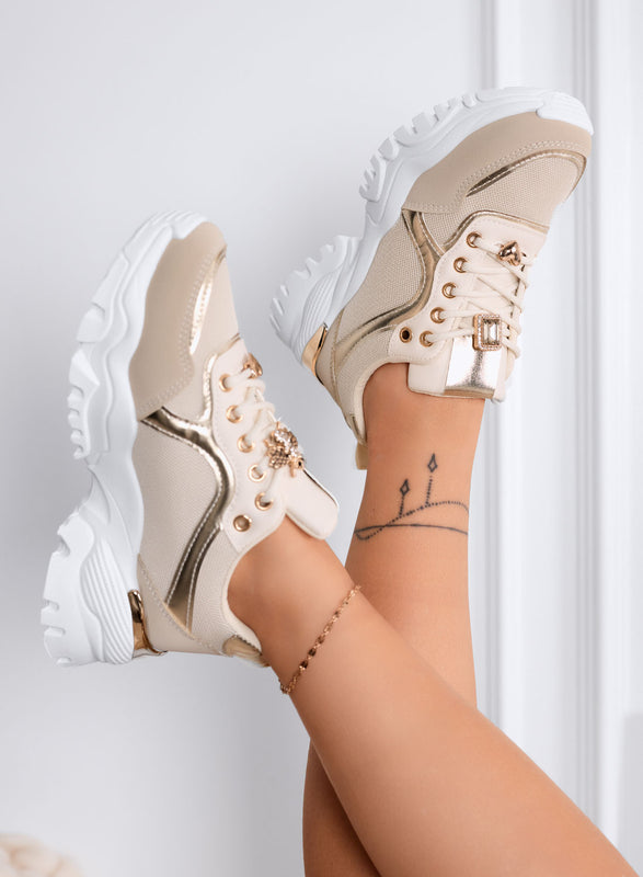 VIDA - Sneakers Beige con inserti Dorati e applicazioni gioiello