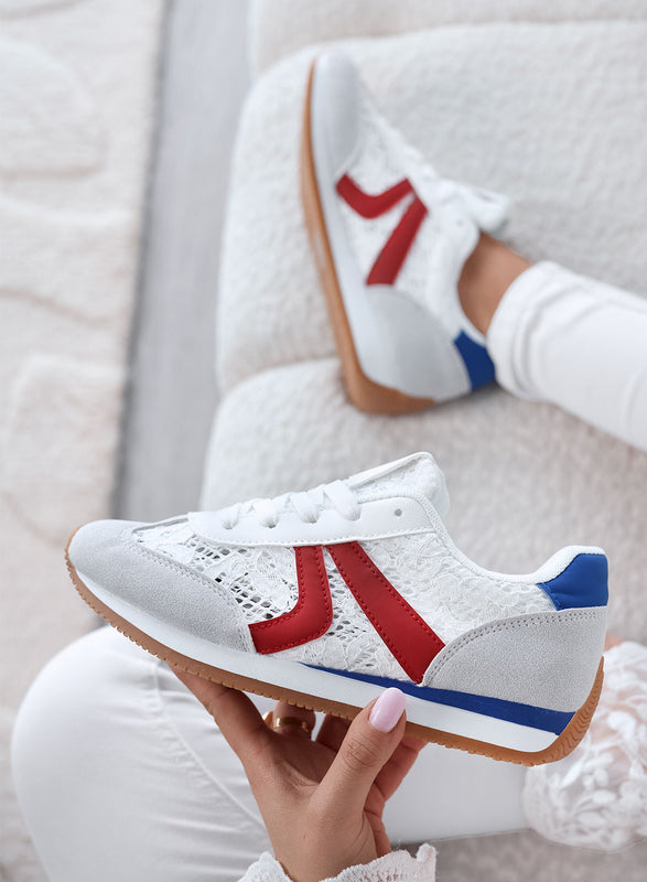 GIULIANA - Baskets grises avec dentelle blanche et empiècements rouges