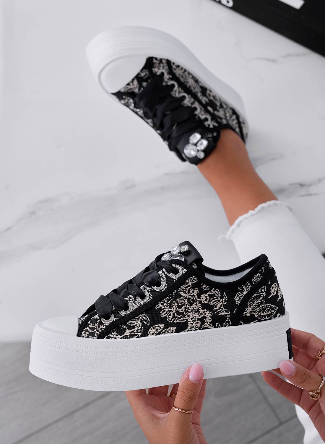 Black patterned sneakers with rhinestones and thick sole
