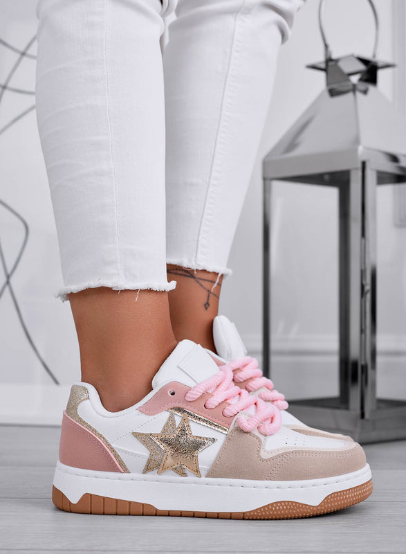 ANNIE - Sneakers bianche con lacci in corda rosa e stella oro