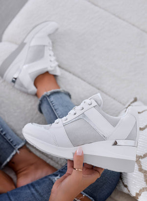 BARAN - White sneakers with silver glitter inserts and wedge heel