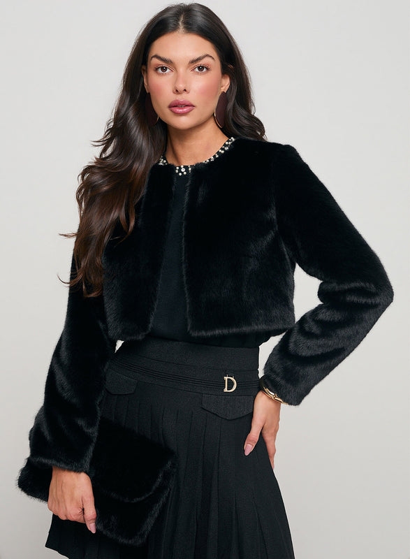 Black cropped jacket in faux fur
