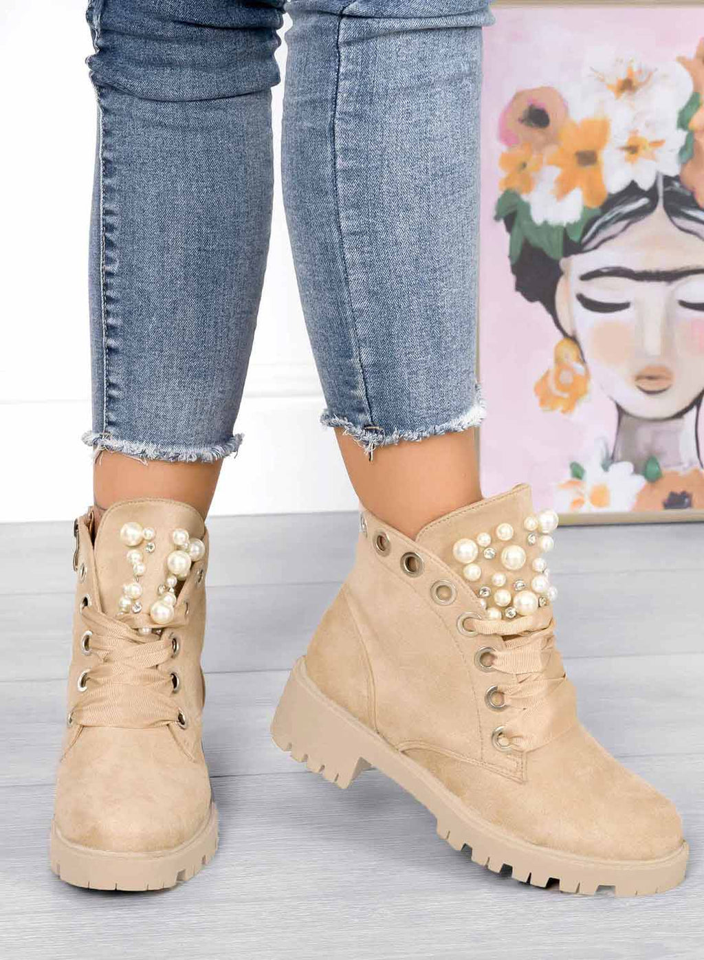 LEANNA - Beige low ankle boots Alexoo with pearls and stones