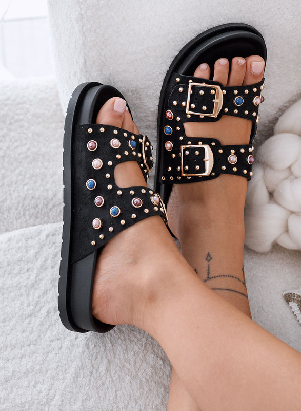 MILA - Black Sandals Slippers with Gold Buckles and Jewel Studs