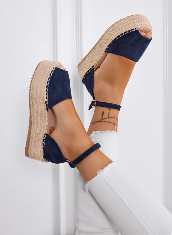 LICIA - Espadrillas blu scamosciate con zeppa e cinturino