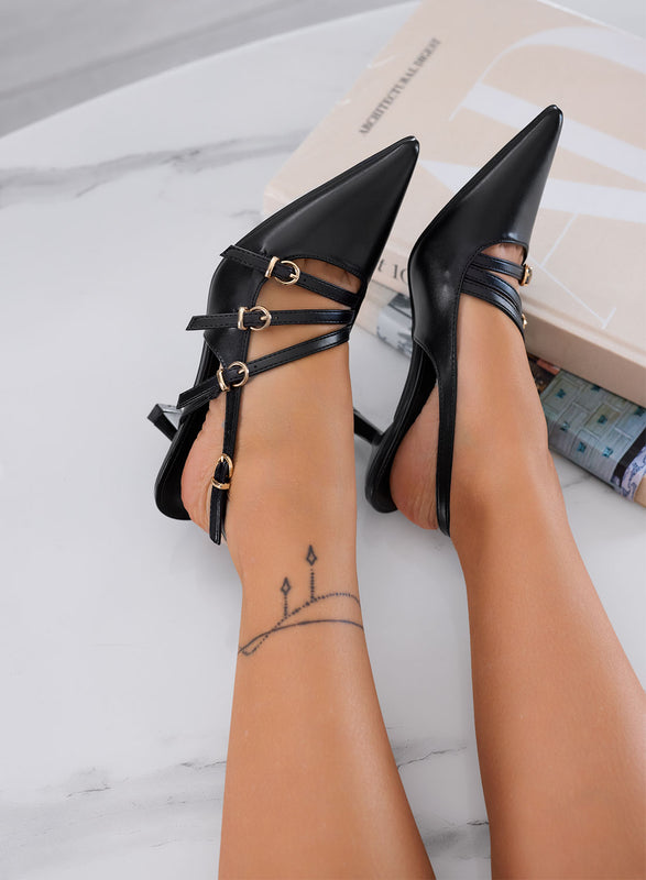 FAUSTA - Décolleté nere slingback con cinturini sottili e tacco a rocchetto