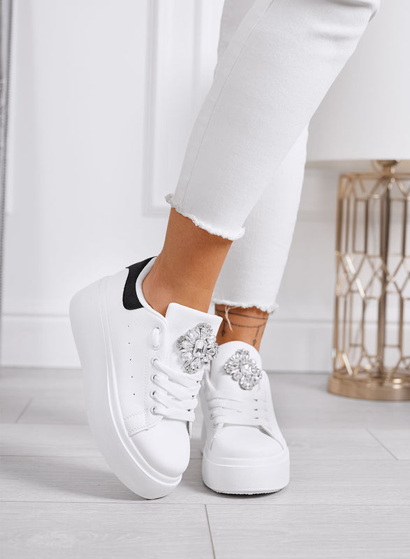 RONNIE - Sneakers bianche platform con retro nero e maxi fiore gioiello