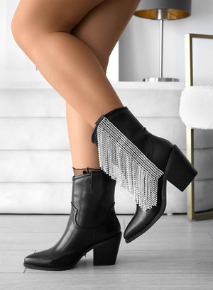 ROSE - Black Alexoo camper ankle boots with jeweled fringes