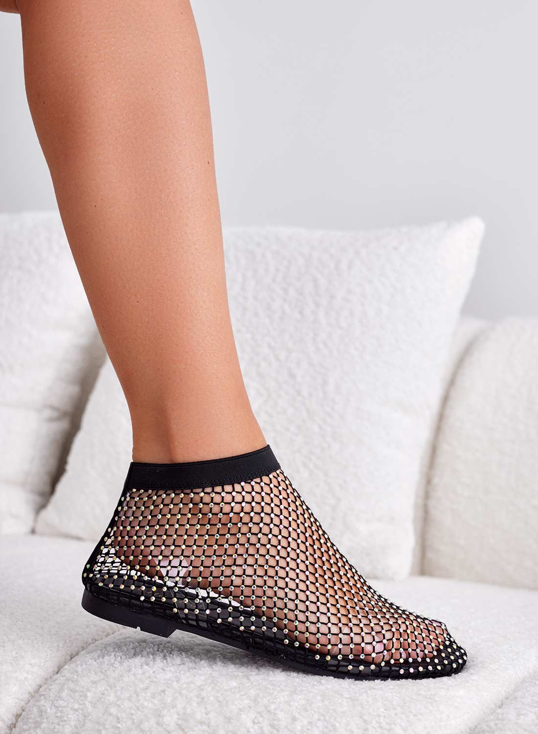 Sandali ballerine neri a rete con strass