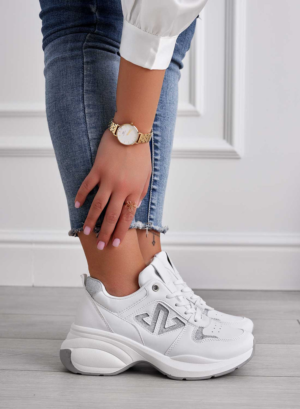 ELISABETTA - Sneakers bianche con suola bombata e inserti glitter argento