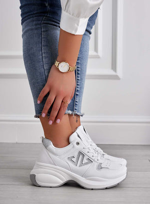 ELISABETTA - White sneakers with chunky sole and silver glitter inserts