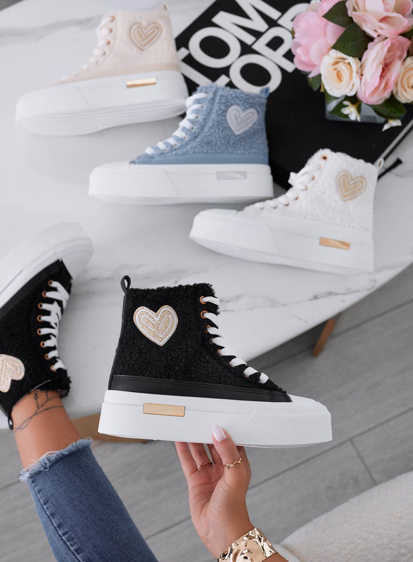 LIVIA - Sneakers nere alte in ecopelliccia con cuore oro