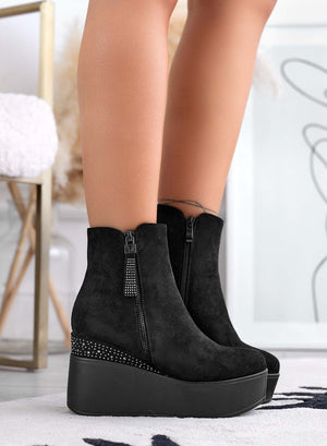 MARGHERITA - Black suede ankle boots with wedge heel and rhinestones
