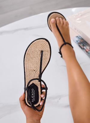 MELANY - Black rope jeweled thong sandals Alexoo