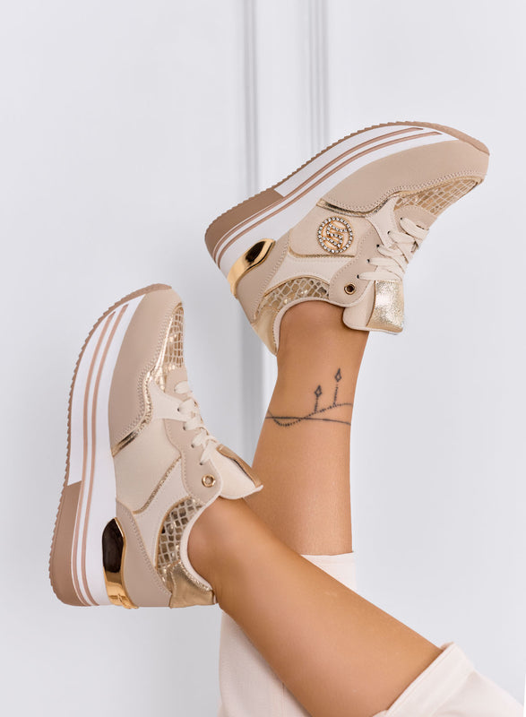 JENNY - Sneakers beige con zeppa e dettagli metallizzati