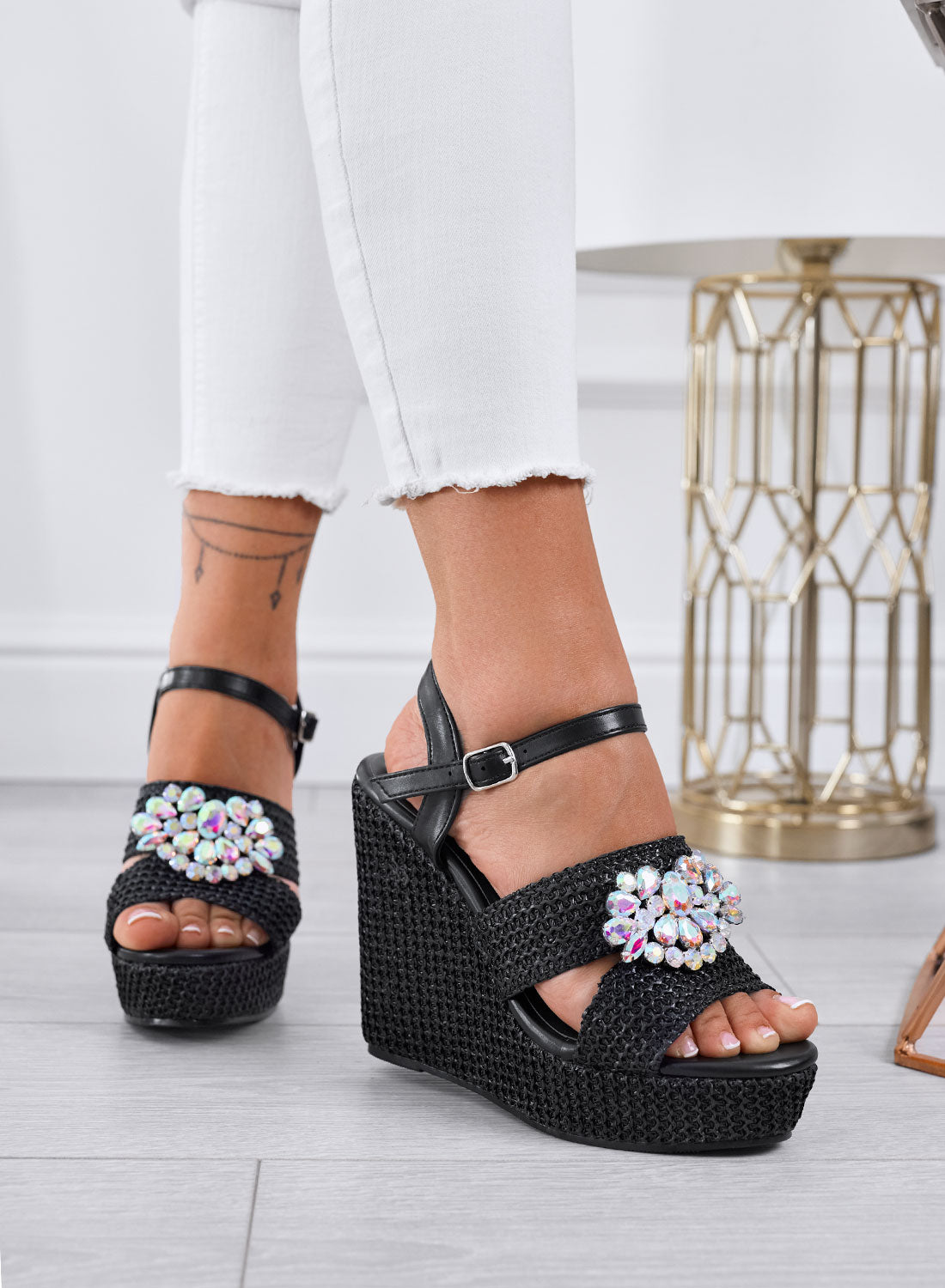 SABRINA - Sandali neri Zeppe con cinturino e maxi strass