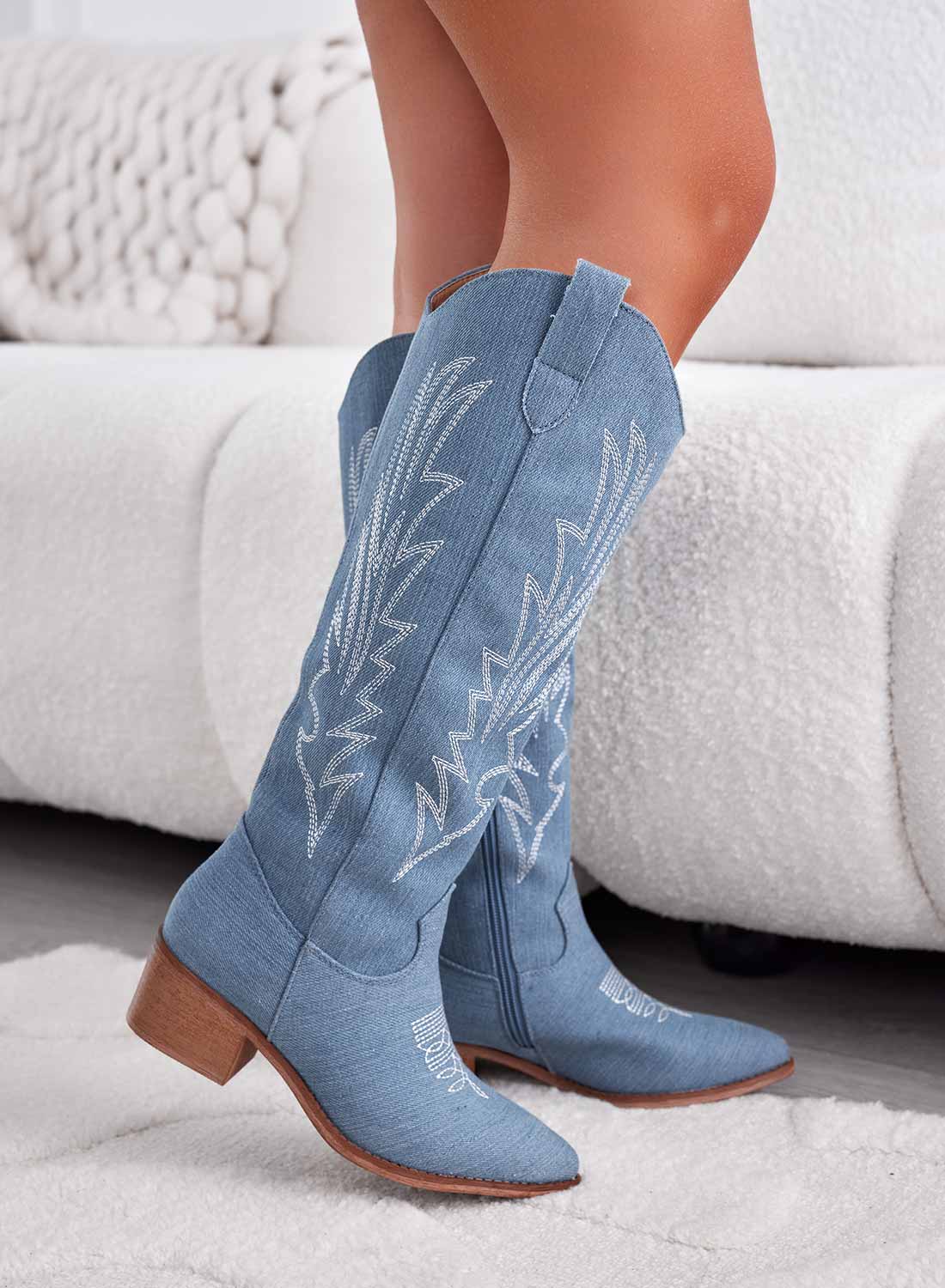 Stivali camperos blu jeans con ricamo