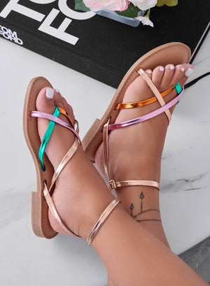 CHERRY - Low champagne thong sandals with multicolor straps