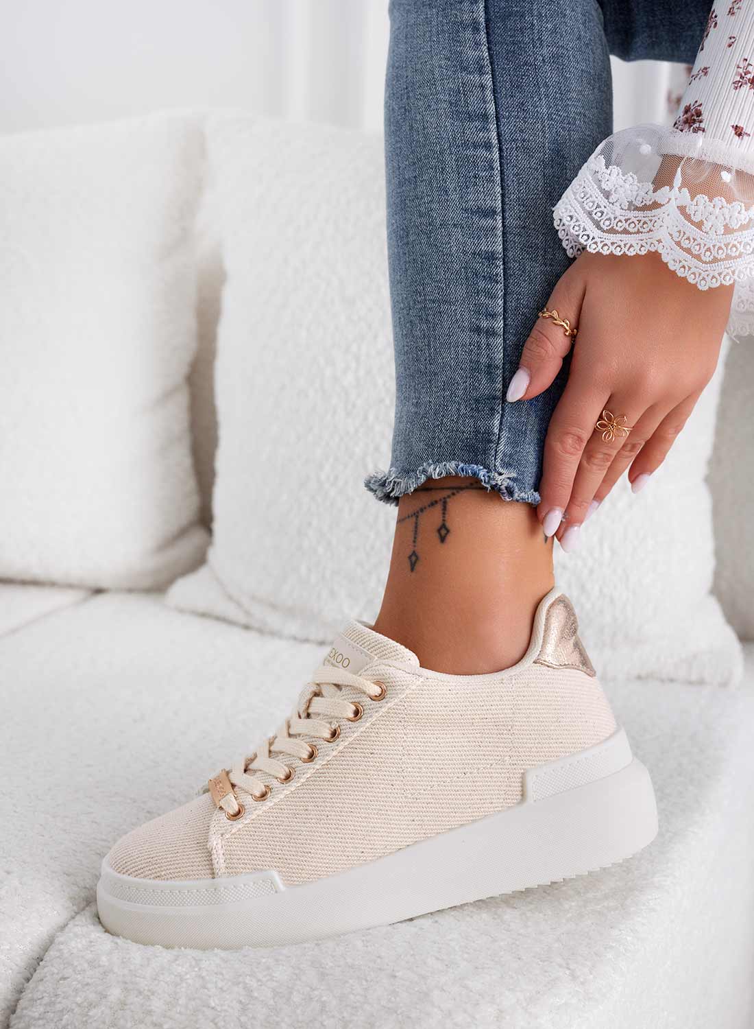 NADIA - Beige fabric sneakers with gold finishes