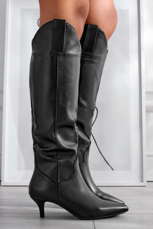 Black faux leather boots with stiletto heel