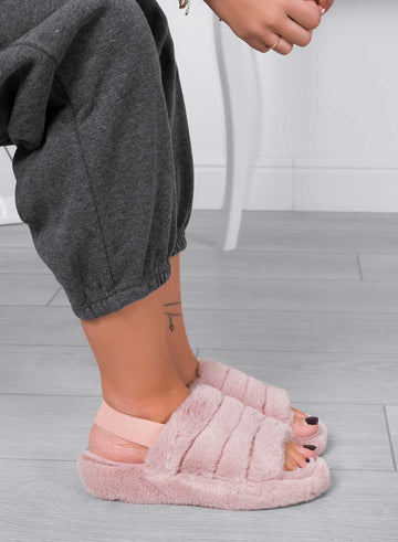 KEIRA - Pink faux fur slippers with elastic