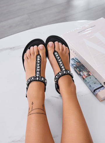 MAGIC - Black flat jeweled thong sandals Alexoo