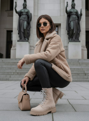 MOIRA - Alexoo beige combat boots with laces and jeweled tongue