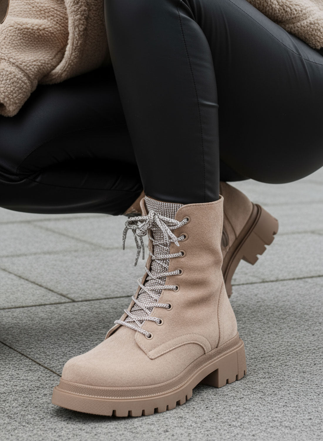 MOIRA - Alexoo beige combat boots with laces and jeweled tongue