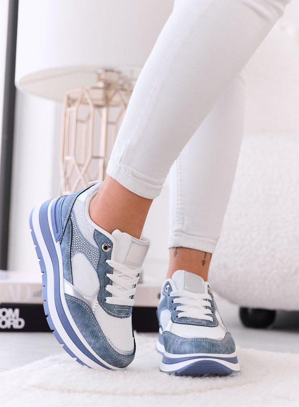 ALBA - Zapatillas Azul Denim con Strass y Suela Plataforma