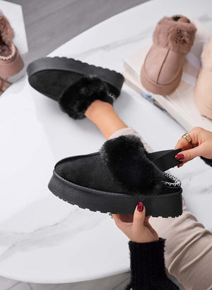 NITRA - Black slippers with synthetic fur lining and elastic band at the back