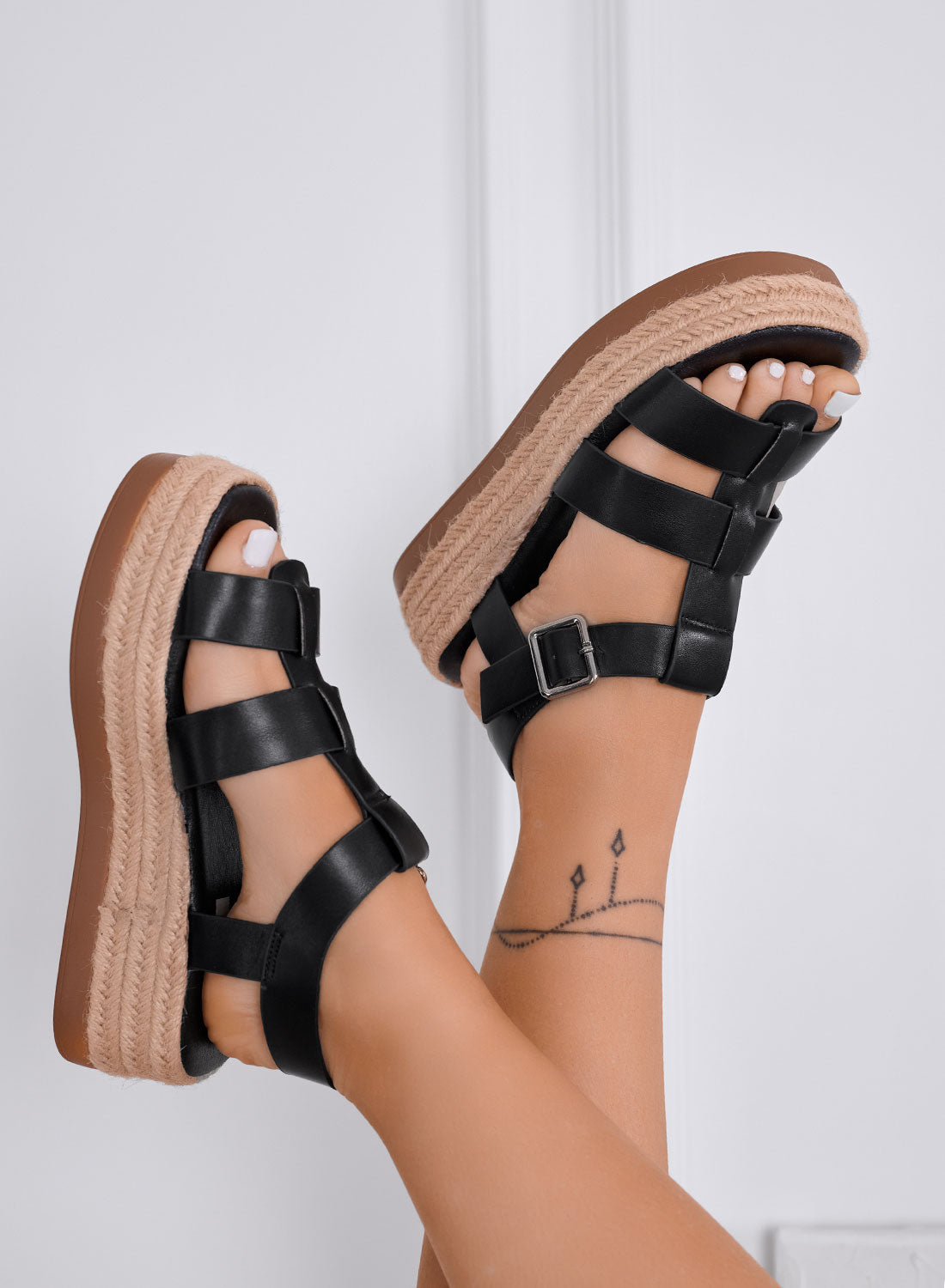 SHELLY - Sandali neri platform con fasce larghe e suola in corda