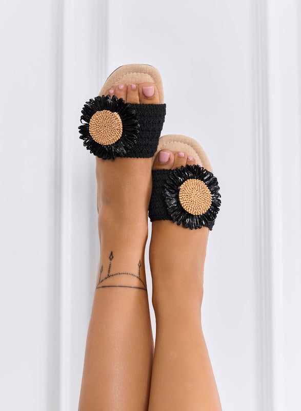 GISELLA - Sandali Ciabattine nere con Maxi Fiore Decorativo