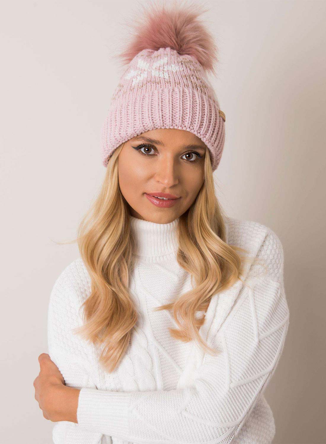 Two-tone pink padded hat with faux fur pompom