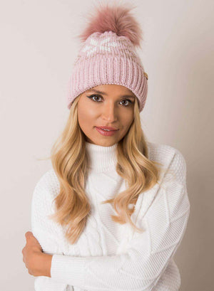 Two-tone pink padded hat with faux fur pompom