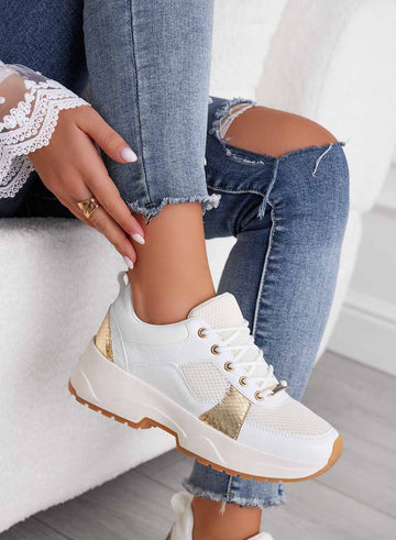 White perforated Alexoo sneakers with gold inserts