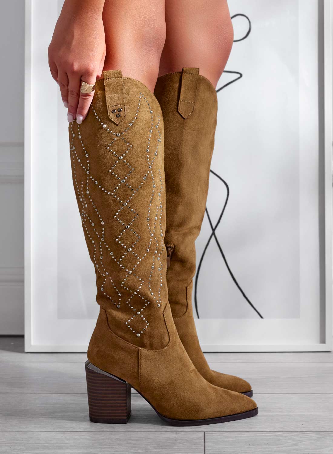 VERONICA - Brown suede boots with rhinestones