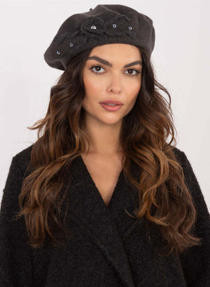 Gray beret hat with rhinestones