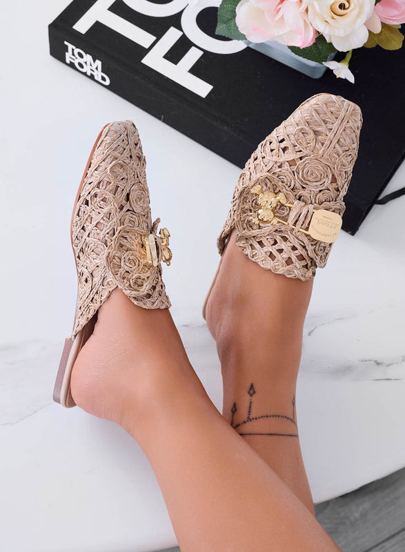 FIESTA - Espadrillas fango sabot ricamate con teddy oro