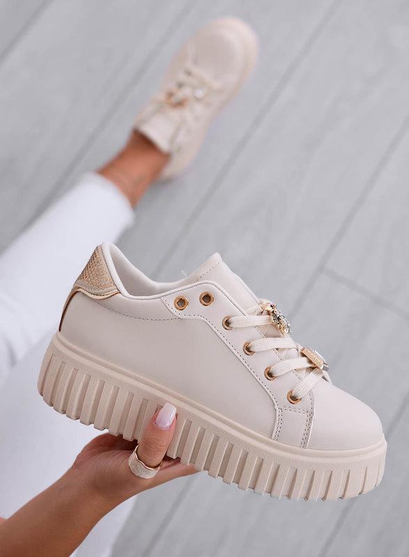 LIDIA - Sneakers beige con applicazione ape gioiello