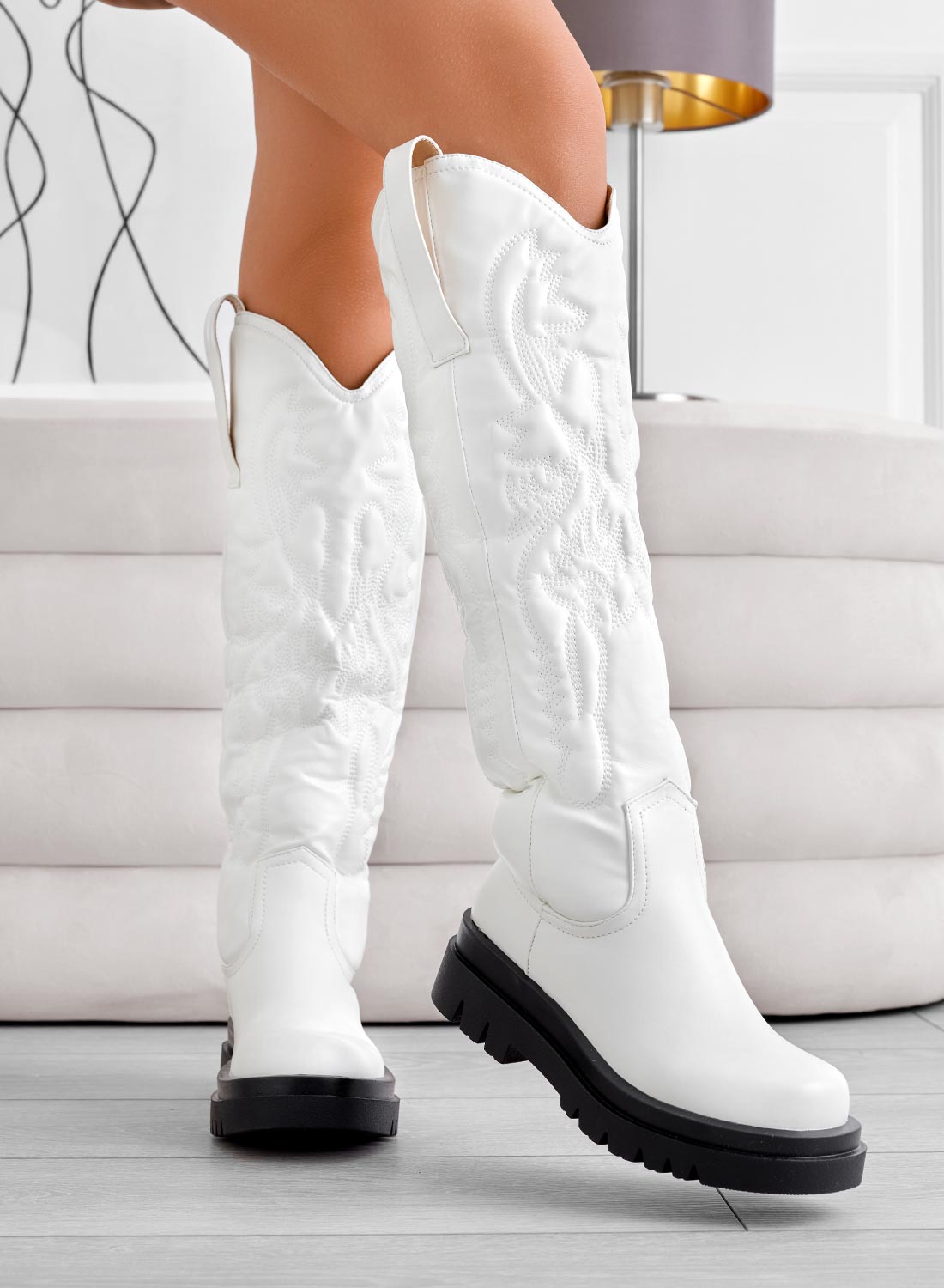 LINA - White Alexoo camper boots with embossed embroidery