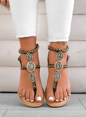 LIBRA - Black jeweled thong sandals by Alexoo