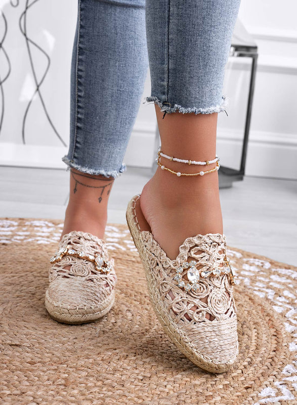 ROSALIA - Espadrillas beige sabot ricamate con applicazione gioiello