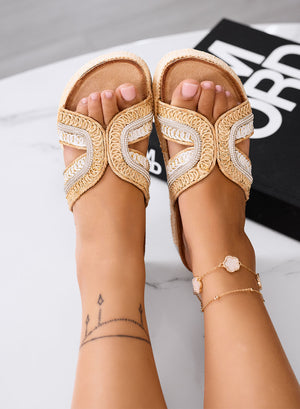 BEATRICE - Beige sandals slippers with decorative weave and rhinestones