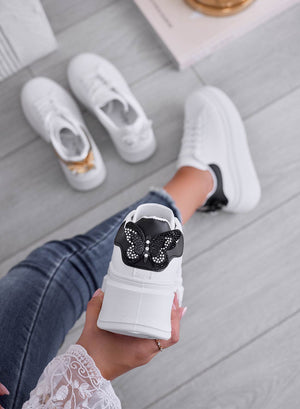 CRISTINA - White sneakers with black heel and jeweled butterfly