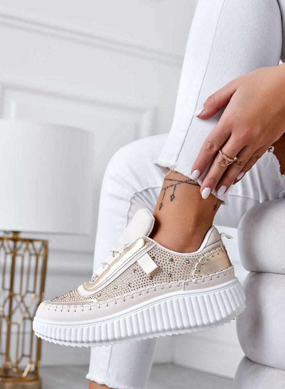 ANTONELLA - Sneakers beige con inserti e strass oro