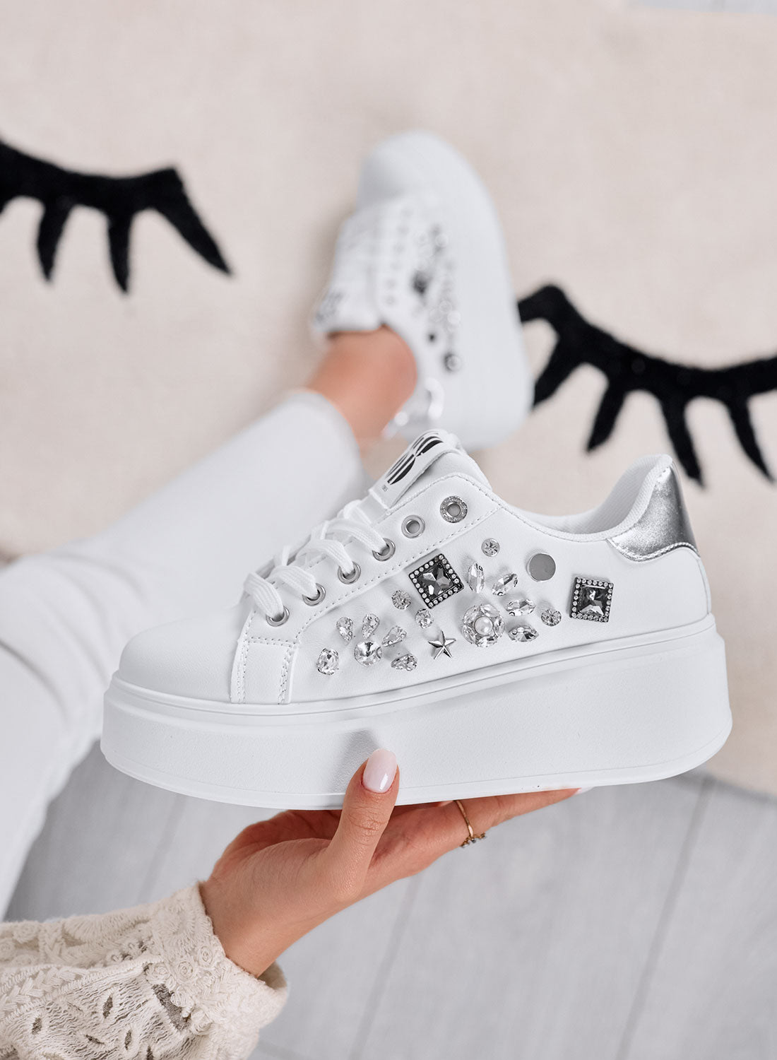 KELLY - White sneakers with wedge heel and silver jewel embellishments