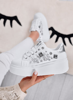 KELLY - White sneakers with wedge heel and silver jewel embellishments