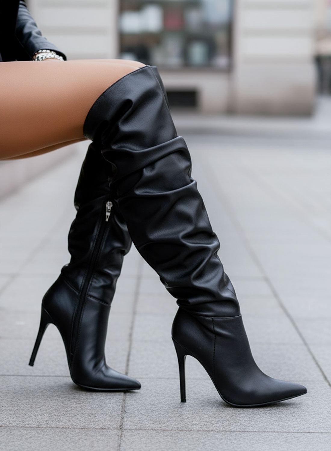 FATIMA - Black ruched high boots with stiletto heel