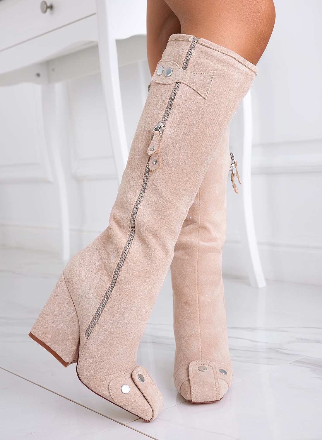 Beige Alexoo boots with faux side zip